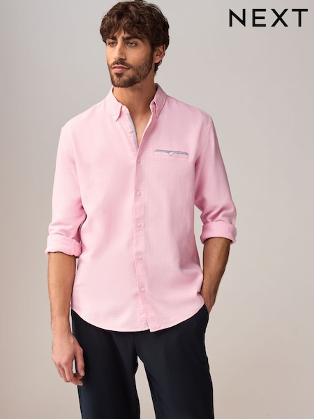 ורוד - Textured Long Sleeve 100% Cotton Shirt (AA2094) | ‏121‏₪