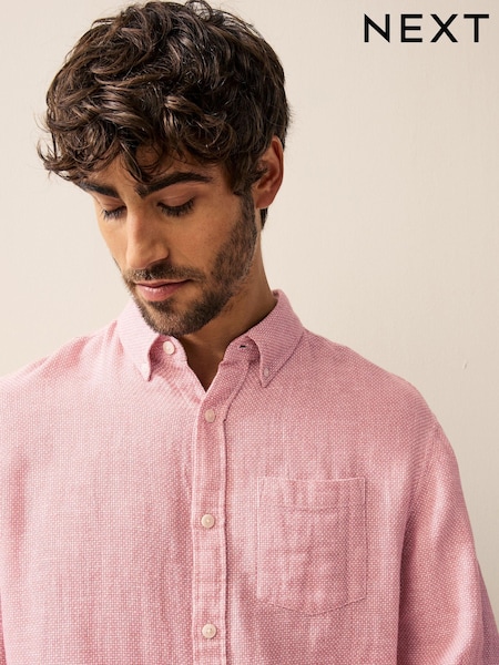 ורוד - צווארון רגיל - Cotton Linen Blend Long Sleeve Shirt (AA2099) | ‏103‏₪