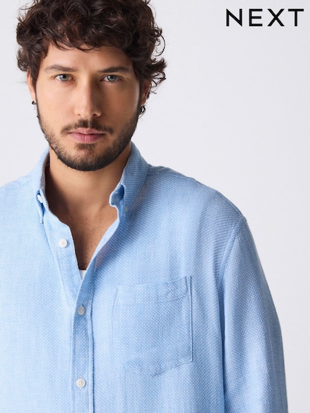 תכול - צווארון רגיל - Cotton Linen Blend Long Sleeve Shirt (AA2179) | ‏103‏₪