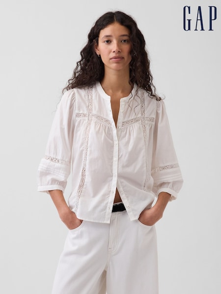 White - Gap Lace-trim Button-front Swing Top