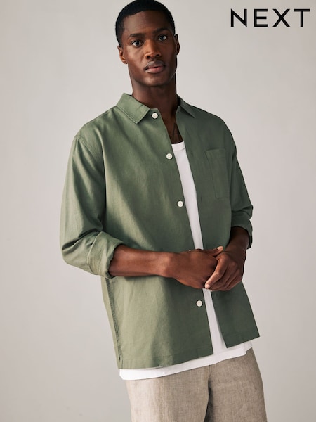 ירוק כהה - Cotton Linen Blend Long Sleeve Shirt (AA2366) | ‏103‏₪