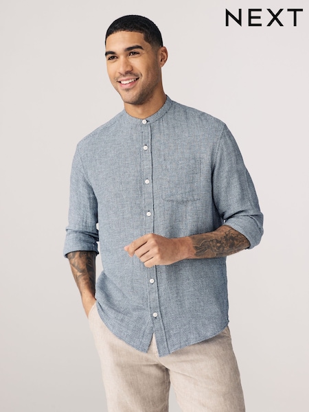 Navy Blue Grandad Collar Cotton Linen Blend Long Sleeve Shirt (AA2368) | €34