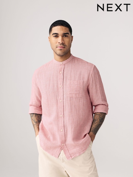 ורוד - צווארון סבא. - Cotton Linen Blend Long Sleeve Shirt (AA2370) | ‏103‏₪