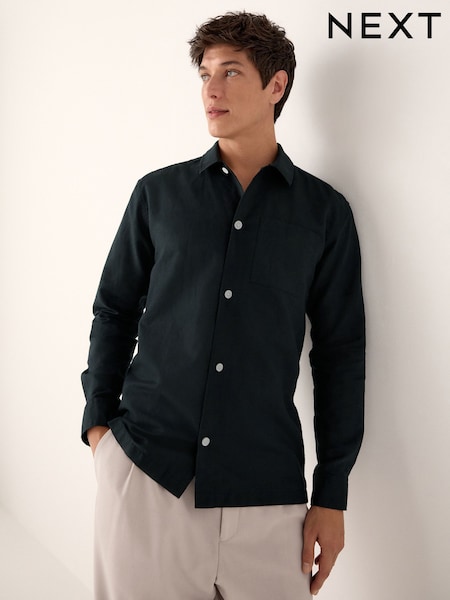 Black Cotton Linen Blend Long Sleeve Shirt (AA2373) | AED131