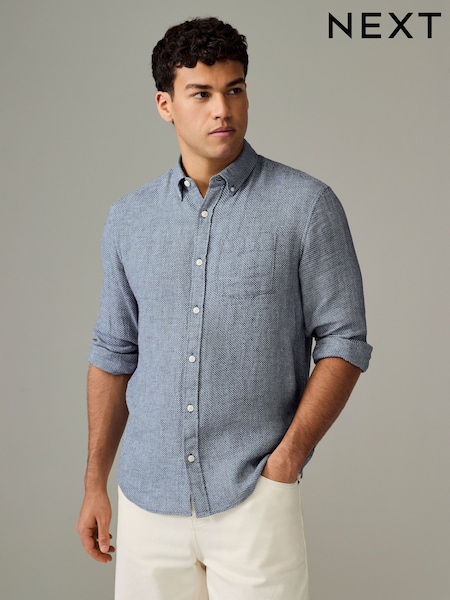 כחול כהה - צווארון רגיל - Cotton Linen Blend Long Sleeve Shirt (AA2379) | ‏103‏₪