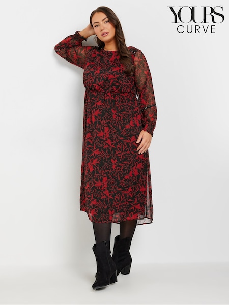 Yours Curve Red Chiffon Studded Tape Slevee Midaxi Dress (AA2383) | €47