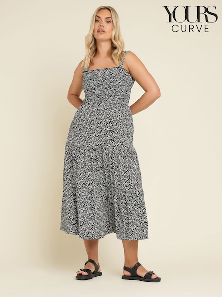 Yours Curve Black Ditsy Floral Shirred Midaxi Dress (AA2396) | €53