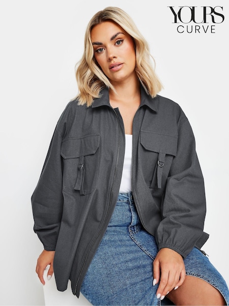 Yours Curve Grey Utility Bomber 100% Cotton Jacket (AA2398) | ₪196