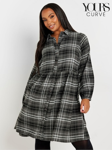Yours Curve Grey Limited Long Sleeve Mini Check 100% Cotton Shirt Dress (AA2413) | €49