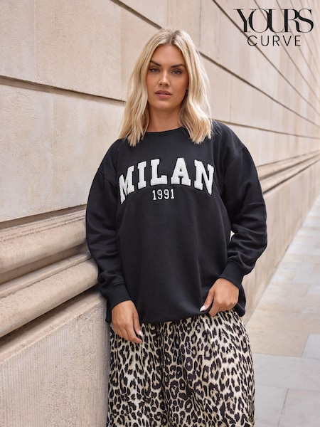Yours Curve Black Flocked Milan Crew Neck Jumper (AA2657) | AED157