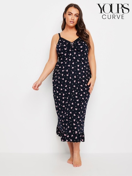 Yours Curve Blue Bows And Spots 100% Cotton Midaxi Chemise (AA2674) | AED128