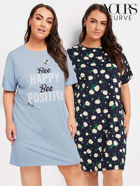 Yours Curve Blue Bee Happy Daisy Sleep 100% Cotton T-Shirts 2 Pack (AA2694) | €36