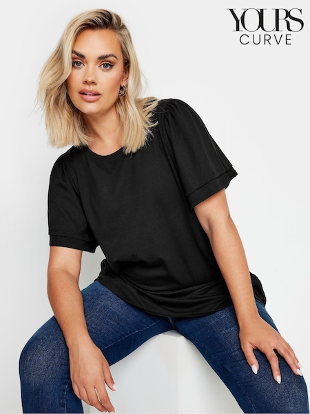 Yours Curve Black Double Frill Angel Sleeve Plain Top (AA2771) | R$ 190