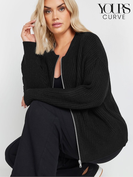 Yours Curve Black Zip Thru Knitted Bomber Cardigan (AA2882) | €47