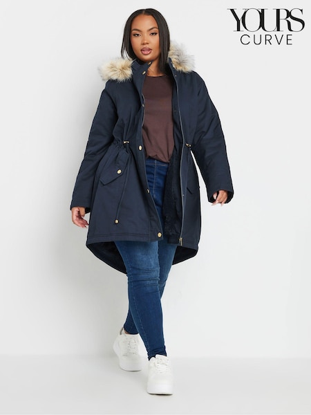Yours Curve Blue Faux Fur Trim 100% Cotton Parka (AA2890) | ₪357