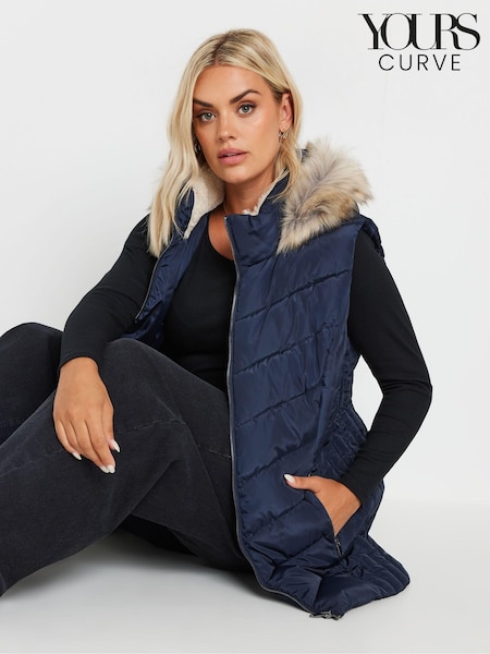 Yours Curve Blue Short Faux Fur Trim Padded Gilet (AA2916) | €79