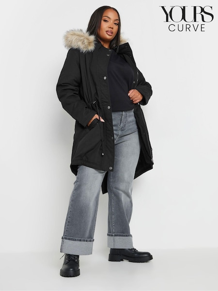 Yours Curve Black Faux Fur Trim 100% Cotton Parka (AA2919) | ₪357