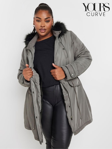 Yours Curve Grey Plush Faux Fur Trim Parka (AA2925) | $142