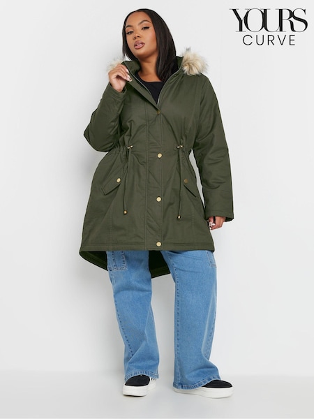Yours Curve Green Faux Fur Trim 100% Cotton Parka (AA2930) | $124