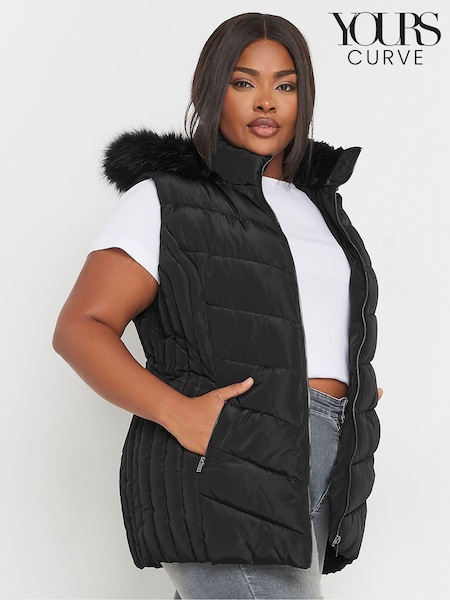 Yours Curve Black Short Faux Fur Trim Padded Gilet (AA2933) | €79
