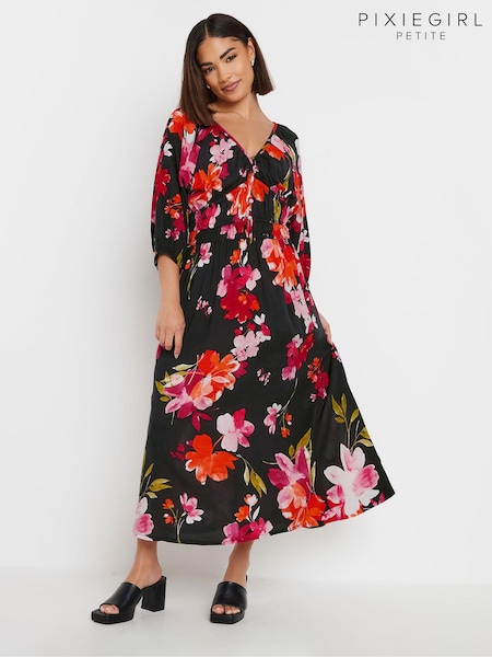 PixieGirl Petite Black Floral Tea Midi Dress (AA3146) | $68