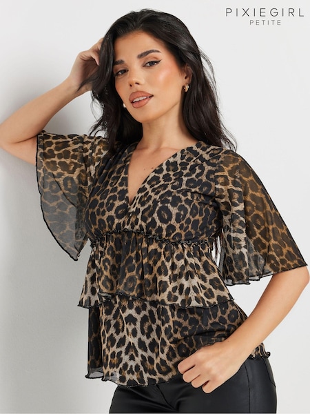 PixieGirl Petite Brown Animal Print Mesh Frill Top (AA3158) | ₪146