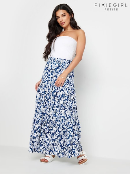 PixieGirl Petite Blue Floral Print Tiered Maxi Skirt (AA3159) | €49