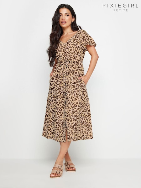 PixieGirl Petite Beige Brown Leopard Print Frill Sleeve Midi Dress With Linen (AA3173) | €50