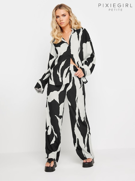 PixieGirl Petite Mono Abstract Print Wide Leg 100% Cotton Trousers (AA3197) | ‏146‏₪