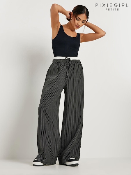 PixieGirl Petite Dark Black Pinstripe Wide Leg Trousers (AA3217) | kr528