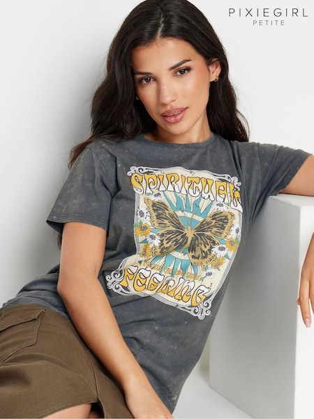 PixieGirl Petite Acid Wash 'Spiritual Feeling' Slogan 100% Cotton T-Shirt (AA3229) | €30