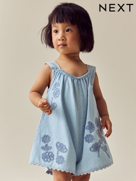 Denim 100% Cotton Flower Embroidered Playsuit (3mths-7yrs) (AA3246) | €24 - €29