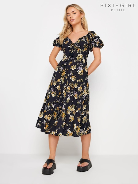 PixieGirl Petite Black V-Neck Tiered Midi Dress (AA3283) | €50