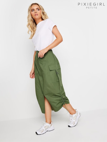 PixieGirl Petite Green 100% Cotton Cargo Ruched Midi Skirt (AA3293) | €49