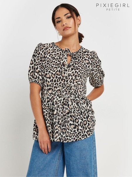 PixieGirl Petite Brown Leopard Print Tie Front Top (AA3383) | ₪146