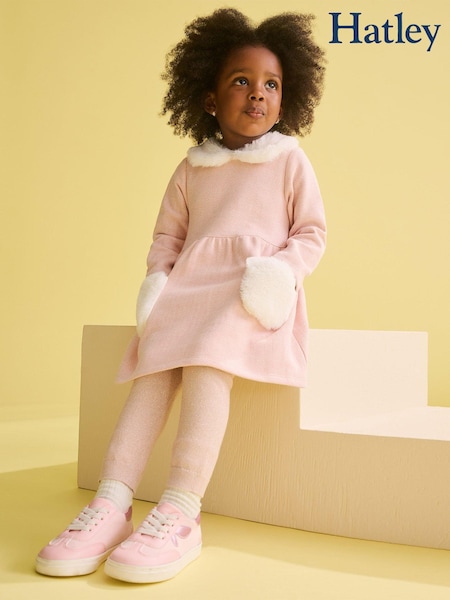 Hatley Pink Rose 100% Cotton Elegance Herringbone Faux Fur Trim Dress (AA3435) | 121 QAR
