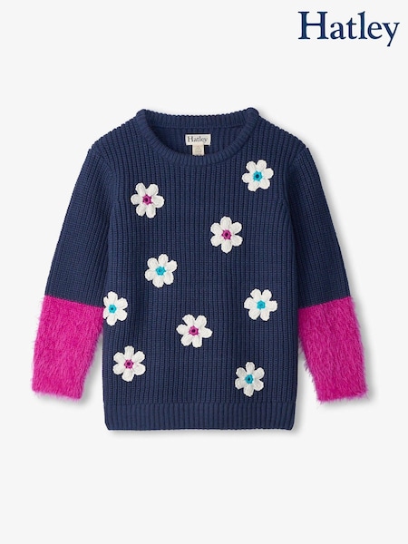 Hatley Blue Throwback Flowers Fluffy Sleeve Jumper (AA3463) | AED142