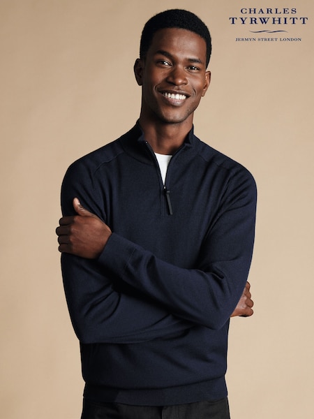 Charles Tyrwhitt Blue Merino Performance Quarter Zip Cardigan (AA3521) | AED291