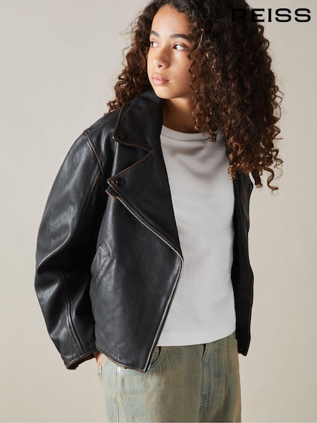 Reiss Black Beau 9-13 yrs Relaxed Leather Biker Jacket (AA3628) | €320