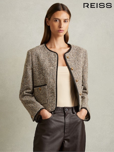 Reiss Brown Luna Cropped Wool Blend Tweed Jacket (AA3634) | €363