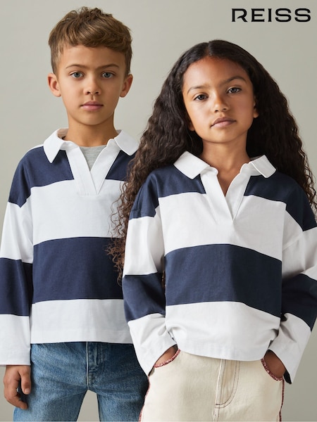 Reiss Navy Abigail 4-9 yrs Oversized Cotton Striped Open-Collar Rugby Top (AA3655) | AED173