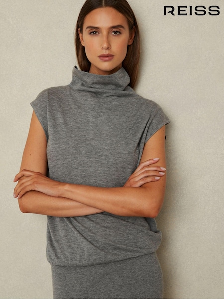 Reiss Grey Hester Petite Knitted Wool-Cashmere Blouson Top Midi Dress (AA3657) | €84