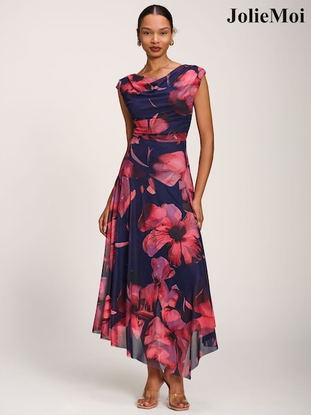 Blue - Jolie Moi Asymmetrical Draped Mesh Maxi Dress
