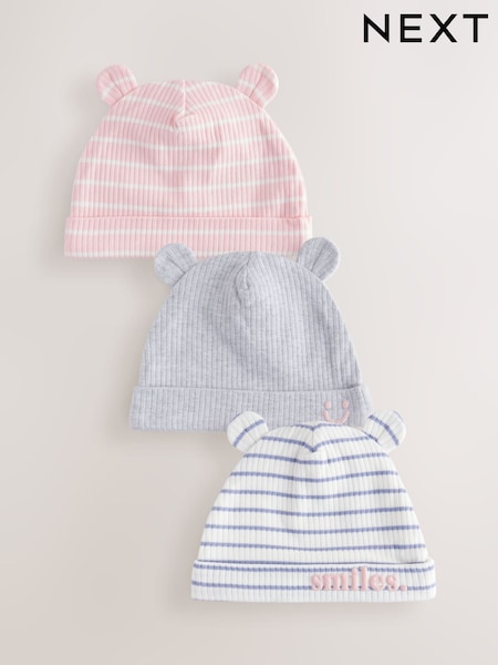 Vaaleanpunainen/Grey - Baby Beanie 100% Cotton Hats 3 Pack (0-18mths) (AA3786) | €11