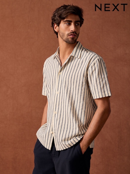 Black/White 100% Cotton Textured Stripe Short Sleeve Shirt (AA3843) | R$ 285