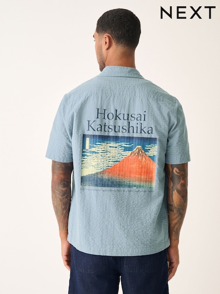 Blau - Kurzarmhemd mit Hokusai-Print aus 100% Baumwolle (AA3844) | 49 €
