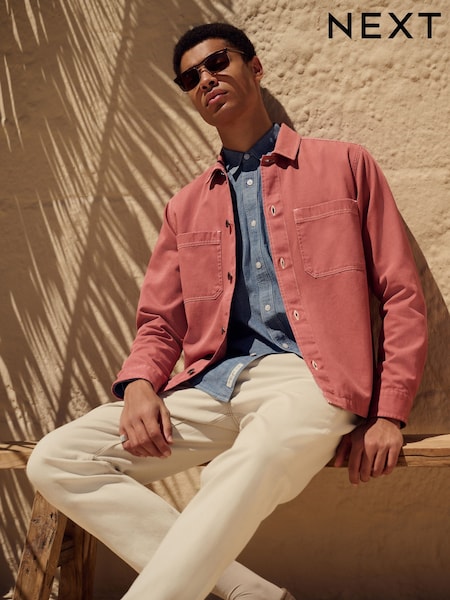 Roșu - 100% Cotton Contrast Stitch Shacket Jacket (AA3853) | 304 LEI