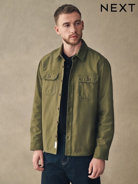 Green 100% Cotton Twin Pocket Utility Shacket (AA3858) | R$ 430