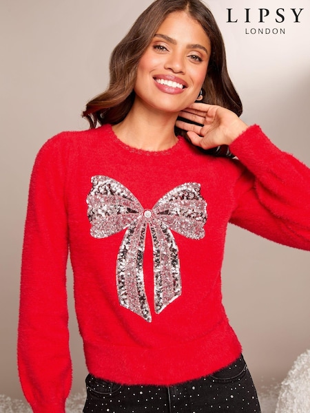 Lipsy Red Bow Christmas Slogan Crew Neck Knitted Jumper (AA3998) | €25