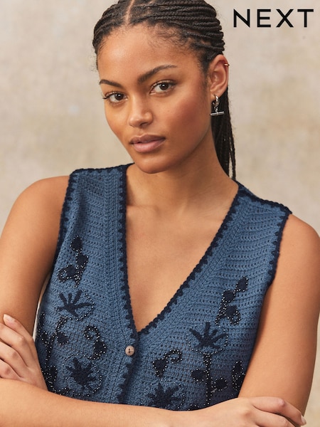 Blue Floral Embroidered Knitted Vest Waistcoat (AA4037) | €41